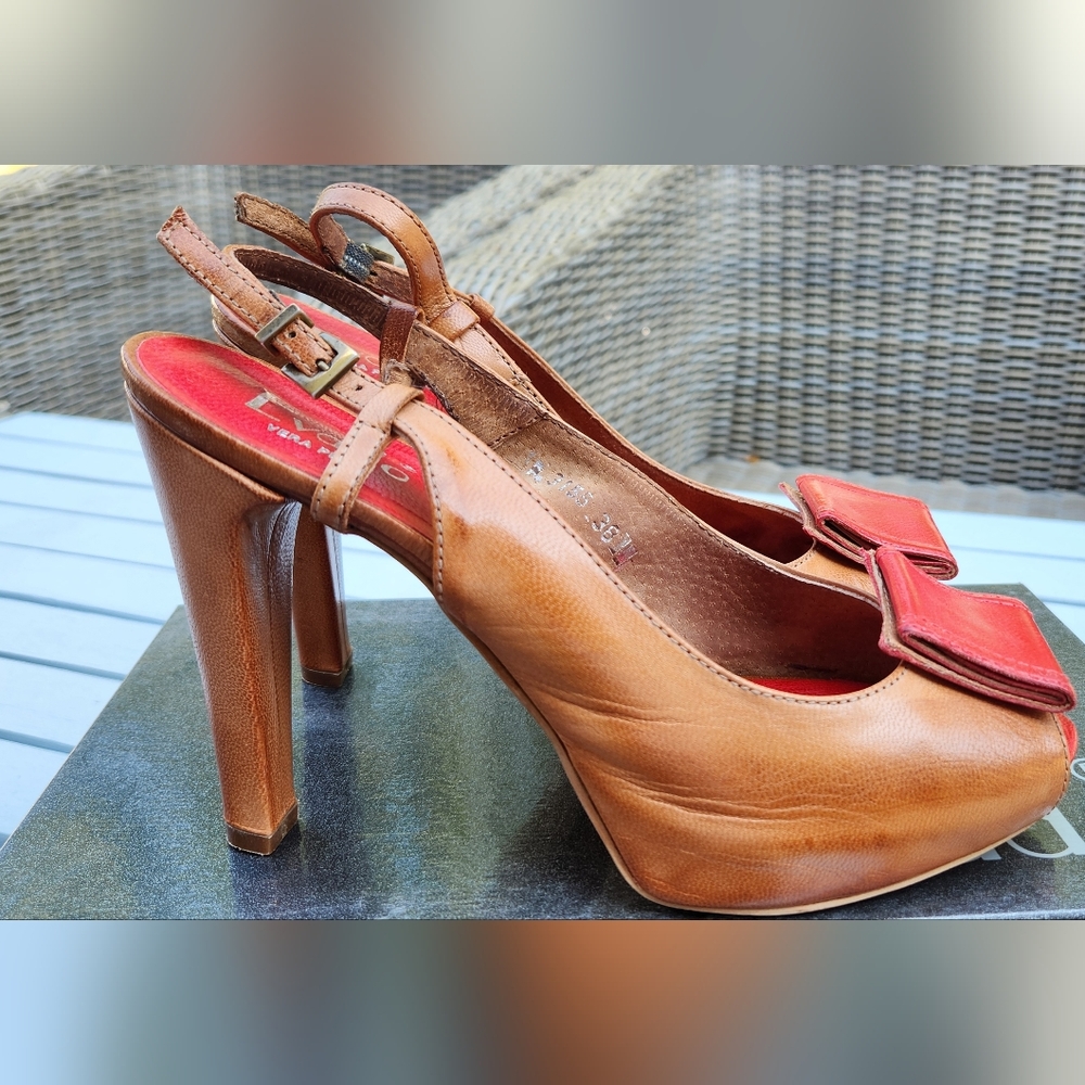 EVADO brown and red leather open toe high heels platform sandals 38 - Picture 3 of 12